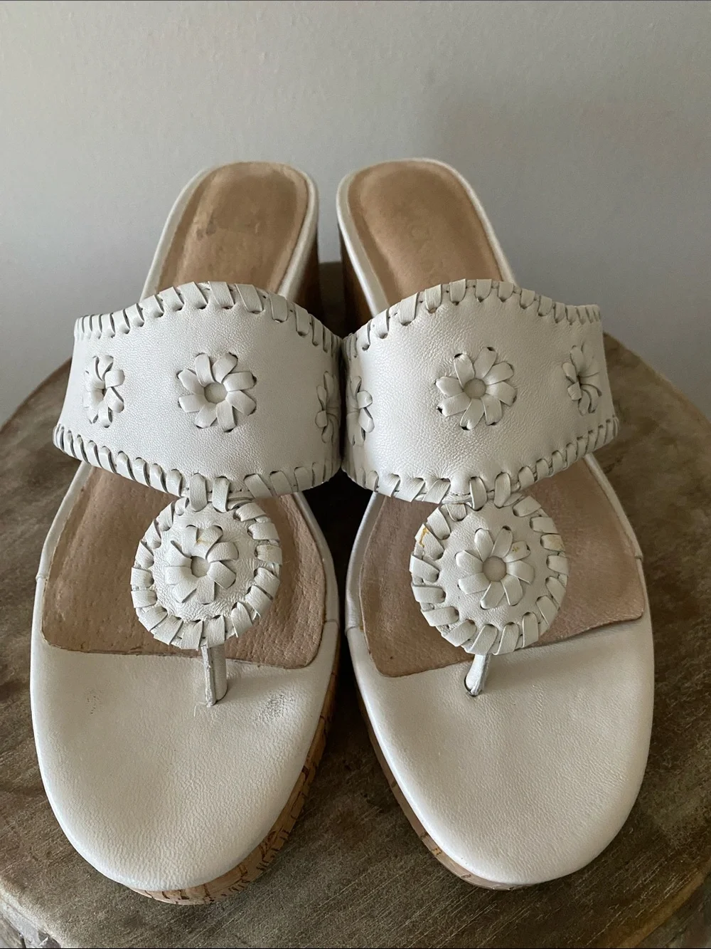 Jack Rogers White Leather Cork Thong Platform Sandals with Floral Stitching 7